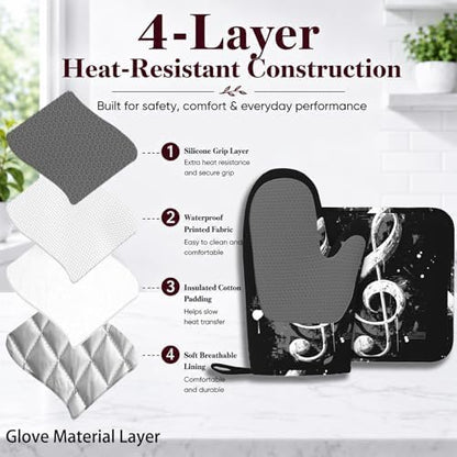 Black Notes Oven Mitts and Pot Holders Sets Non-Slip Silicone Surface - Image 4
