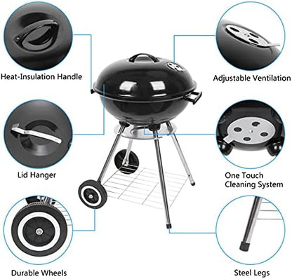 18 Inch Portable Charcoal Grill with Wheels and Lid, Outdoor BBQ Kettle Grill for Camping, Backyard, Tailgating and Picnic, Enamel Coated Charcoal Smoker with One-Touch Cleaning System and Air Vents