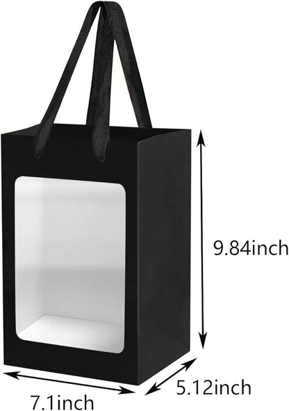 BallHull 24 Pcs Black Kraft Paper Gift Bags with Transparent Window, 9.84"x7.0"x5.12" Kraft Shopping Bags with Handles for Bouquet Christmas Birthdays Festivals Party Weddings Wrapping
