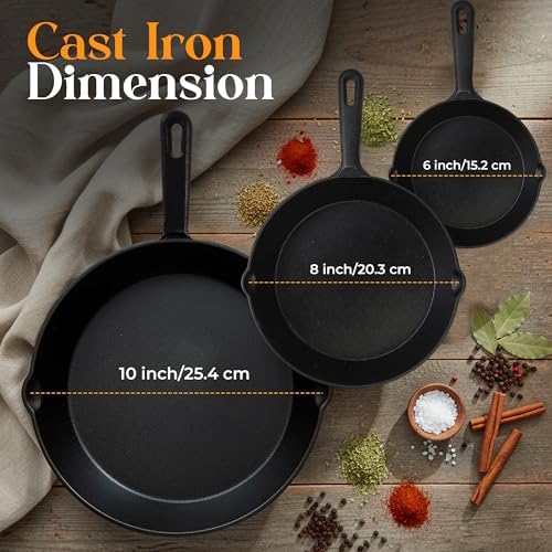 Utopia Kitchen Cast Iron Skillet Set 3 Piece 6 8 10 Inch PFAS-Free Black - Image 4