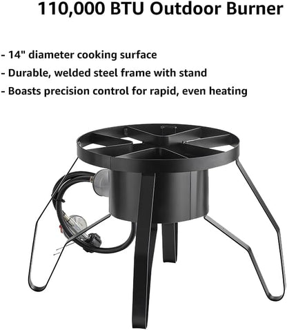 Portable Gas Stove with Hose Guard, Steel Heavy Duty Single Burner Outdoor Patio Stove, Tank Cooker Perfect for Deep Frying or Steaming, Turkey Fry, Catered Events, Camping, Range - 110,000 BTU