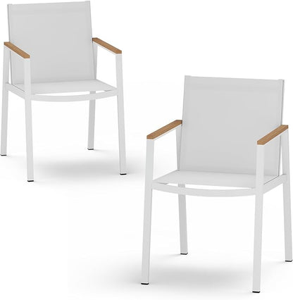 Outdoor Dining Chairs Set of 2, Aluminum Patio Dining Chairs with Textilene Fabric & HDPS Armrest for Ergonomic Design, All-Weather Outdoor Furniture for Garden and Indoor, White