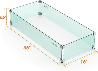 Skyflame 36" X 16" Rectangular Fire Pit Glass Wind Guard Replacement for Outdoor