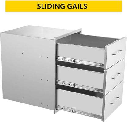 TIANAI Outdoor Kitchen Drawer 14" W x 21" H x 21" D Stainless Steel BBQ Drawer with Exquisite Handle Three-Opening Drawer for Embedded Installation