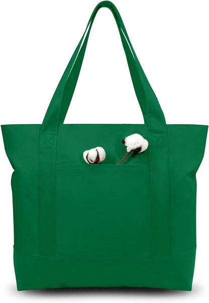 TOPDesign 1-Pack Canvas Tote Bag with an External Pocket, Reusable Grocery Shopping Bag, Top Zipper Closure, Daily Essentials (Green)