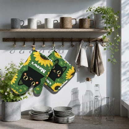 Black Cat Oven Mitts and Pot Holders Sets Cartoon Sunflower Silicone Heat - Image 7