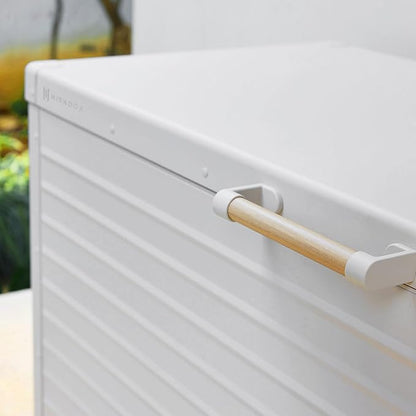 MIRADOR 175 Gallon Outdoor Storage Box Waterproof, Metal Deck Box with wheels for Patio Furniture, Garden Tools, Outdoor Cushion, Latte