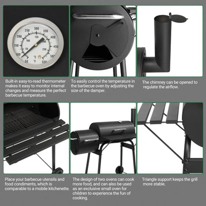 Heavy Duty Barrel Charcoal Grill with Offset Smoker, All Metal Outdoor BBQ Smoker with Front Work Table and Wheels, Portable Barbecue Grill for Backyard Garden Patio Camping Cooking, 43.7" Wide