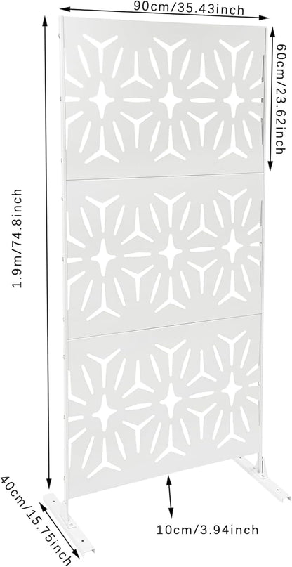 75" H×35" W Decorative Outdoor Privacy Screen with Stand, Outdoor Decor Privacy Fence Screen Metal Fence Panels, Free Standing Metal Divider for Patio Lawn Deck (White-Small Rhombus)