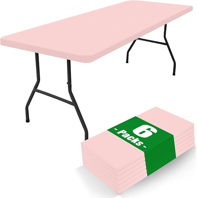 Spandex 8 Foot Rectangle Table Cloth 6 Pack, Elastic Fitted Tablecloths for Picnic, Stretch Washable Patio Table Cover for Outdoor, Camping, Banquet and Parties (Pink, 30"x96")