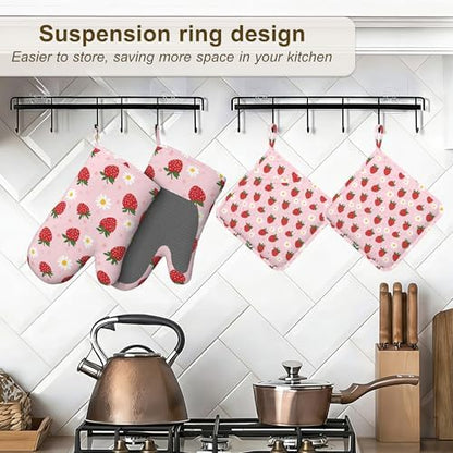 Strawberry Groovy Floral Oven Mitts and Pot Holders Set of 4, Kitchen Glove - Image 5