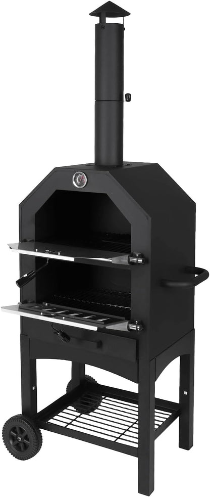 2-Tier Freestanding Charcoal Pizza Oven Stone and Shovel Large Wood Fired Pizza Oven for Backyard Camping Tailgating