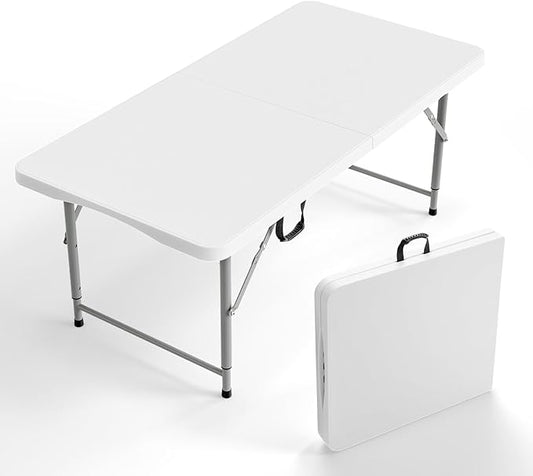 VINGLI 4 FT Plastic Folding Camping Table,3-Level Adjustable Height, Portable in/Outdoor Party Picnic Dining Desk, Garden Soccer Multipurpose Entertaining Activities，White