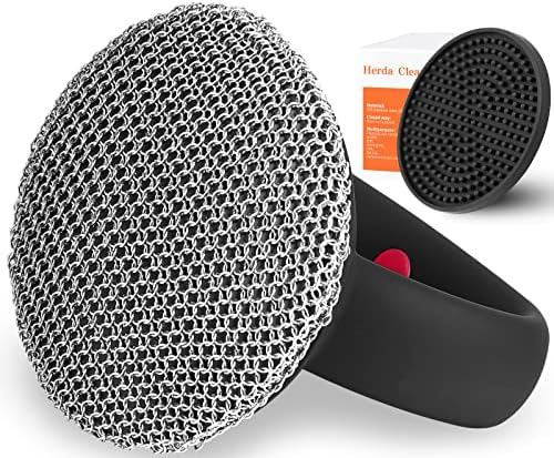Cast Iron Cleaner Scrubber+Tray Heavy Duty Handle, 3mm Welded Chain Mail by Betterqualitybetterlife