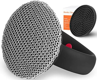 Cast Iron Cleaner Scrubber+Tray Heavy Duty Handle, 3mm Welded Chain Mail by Betterqualitybetterlife