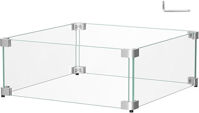 20.5 x 20.5 x 6 Inch Glass Wind Guard for Propane Gas Fire Pit Table, Square Thick Tempered Glass Shield, Firepit Glass Barrier with Aluminum Corner Bracket & Rubber Feet