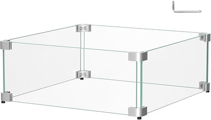 20.5 x 20.5 x 6 Inch Glass Wind Guard for Propane Gas Fire Pit Table, Square Thick Tempered Glass Shield, Firepit Glass Barrier with Aluminum Corner Bracket & Rubber Feet