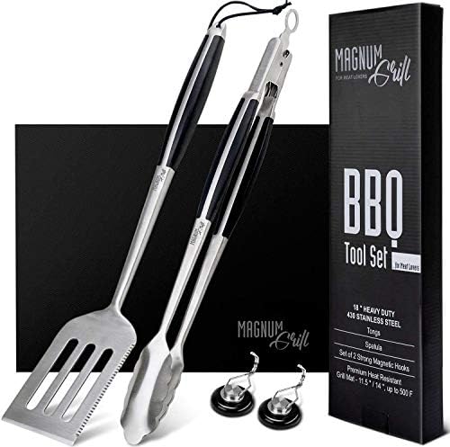 BBQ Tools | 18" Tongs & Spatula | Grill Mat | 2 Magnetic Hooks by MAGNUMGRILL