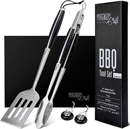 BBQ Tools | 18" Tongs & Spatula | Grill Mat | 2 Magnetic Hooks by MAGNUMGRILL
