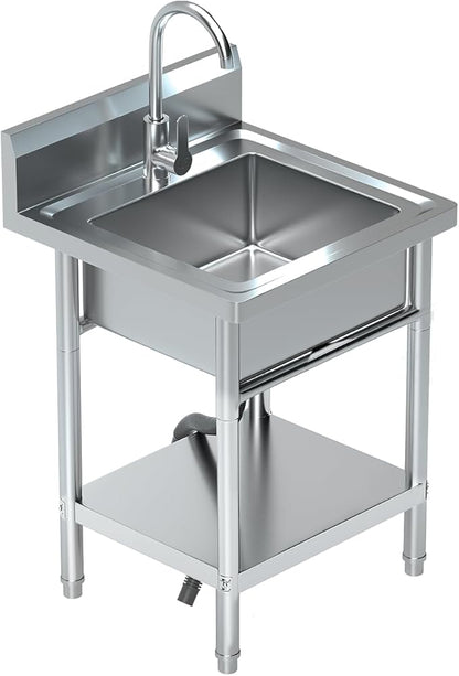 Free Standing Stainless-Steel Single Bowl Commercial Restaurant Kitchen Sink Set W/Hot and Cold Faucet, for Kitchen and Bathroom Farmhouse Style