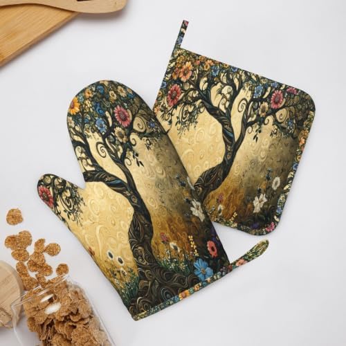 Oven Mitts Pot Holders Set Whimsical Flower Tree Silicone Kitchen Gloves - Image 6