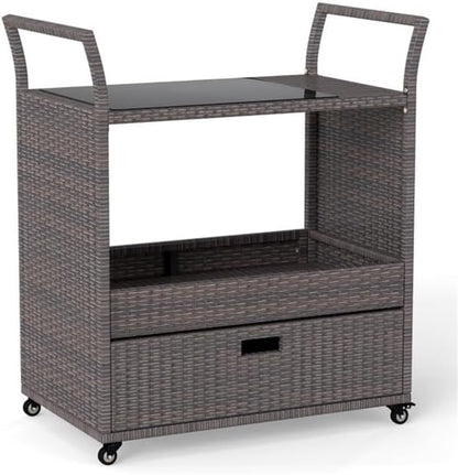 Outdoor Wicker Bar Cart with Drawer, PE Rattan Serving Trolley with Glass Top & Wheels, Mobile Beverage Station for Patio Garden Backyard Poolside, Brown