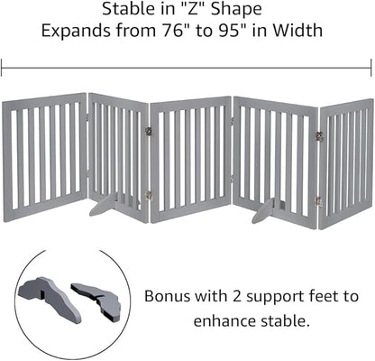 unipaws 24”H Free Standing Pet Gate for Dogs and Cats, Wooden Dog Gates for Doorway, Stairs, Dog Room Divider, Step Over Foldable Pet Fence for The House, Expandable Barrier, Indoor Use, Grey