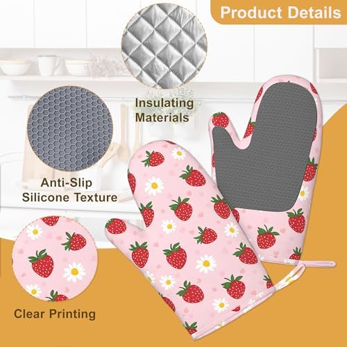 Strawberry Groovy Floral Oven Mitts and Pot Holders Set of 4, Kitchen Glove - Image 3