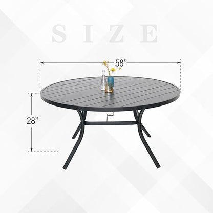 58" Patio Outdoor Round Table for 8 Person, All Weather Metal Black Round Patio Dining Table with Adjustable Umbrella Hole