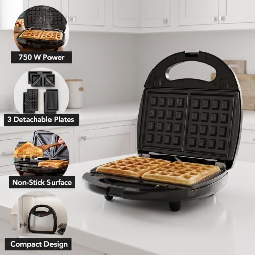 OVENTE 3 in 1 Electric Sandwich Maker, 750W Non-Stick Plates - Image 2