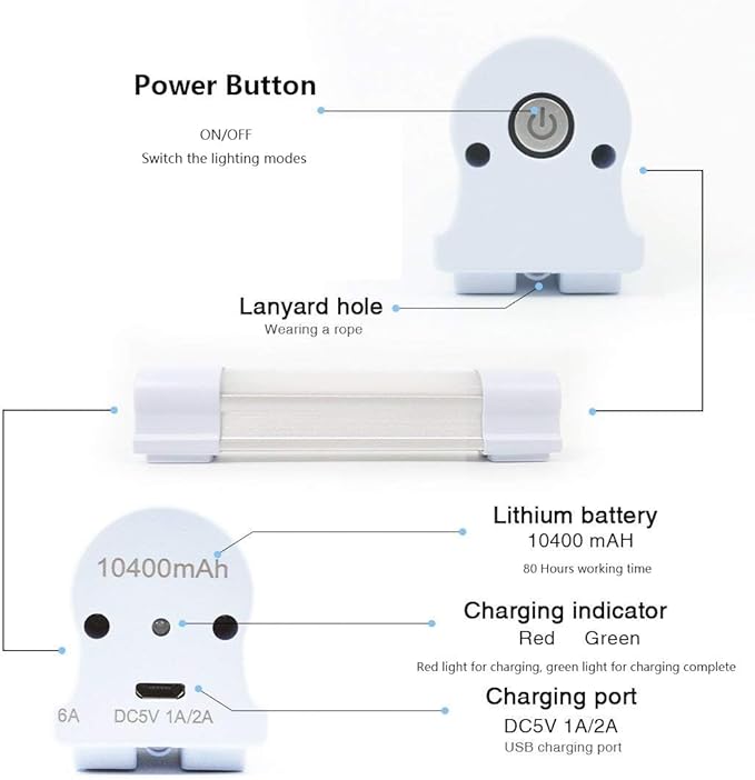 10pcs LETOUR LED Tube Magnetic Light Work Lights 6000Lumens 10400mAh 5 Lighting Options Camping Lantern USB Rechargeable Portable Battery Powered Lights with 2 Magnets Endurance for 80 Hours