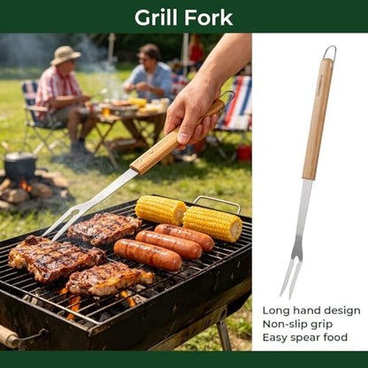 3Pc Wooden BBQ Tool Set, Heavy Duty Spatula, Fork & Tongs - Image 3
