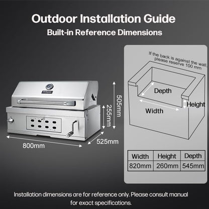 Large Built-In Charcoal BBQ Grill, Charcoal Grills with Liftable Tray, Insulated Hood & Temperature Gauge, Heavy-Duty Stainless Steel Barbecue Grill for Outdoor Kitchen, Family Parties, and Camping