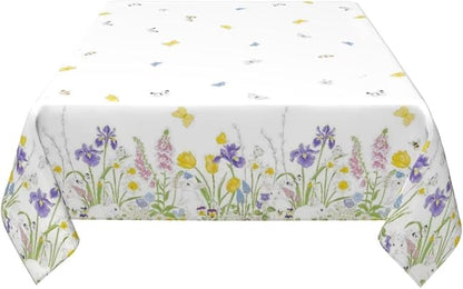 Spring Easter Tablecloth 60 x 60 Inch Square, Bunny Colorful Flower Butterfly Decorative Tablecloths Stain Resistance Polyester Rabbit Floral Table Cloth for Holiday Parties Kitchen Dining
