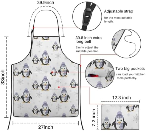 Penguin Kitchen Aprons with Utility Pockets Women Funny Adjustable Bib Baking - Image 6