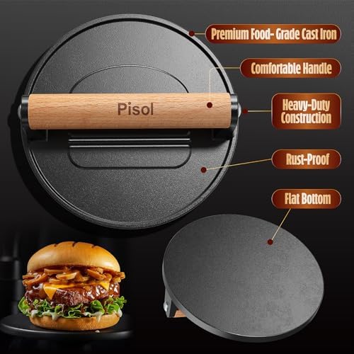 Pisol Cast Iron Smash Burger Press, 2 lb Steak Weight Meat Press Tool - Image 4