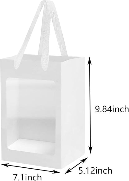 12 Pcs White Kraft Paper Gift Bags with Transparent Window, 9.84"x7.0"x5.12" Kraft Shopping Bags with Handles for Bouquet Christmas Birthdays Festivals Party Weddings Wrapping
