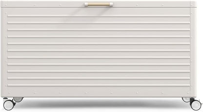 MIRADOR 175 Gallon Outdoor Storage Box Waterproof, Metal Deck Box with wheels for Patio Furniture, Garden Tools, Outdoor Cushion, Latte