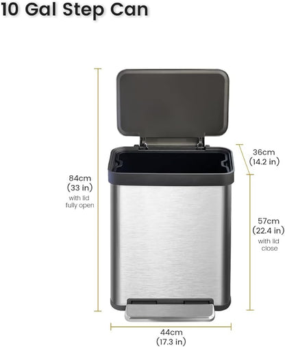 10 Gallon Ktichen Trash Can with Lid, Stainless Steel Trash Can with Removable Inner Bucket, Soft Close Lid, Step-On Pedal Bin for Kitchen, Office, Bathroom