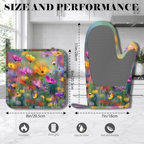 Retro Colorful Flowers Oven Mitts and Pot Holders Sets Boho Floral Non-Slip - Image 2