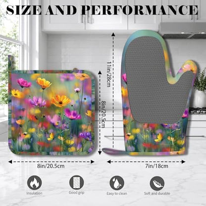 Retro Colorful Flowers Oven Mitts and Pot Holders Sets Boho Floral Non-Slip - Image 2