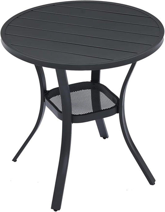 VICLLAX 27.5" Outdoor Round Patio Table for Lawn Garden, All Weather Metal Round Patio Dining Table with Storage Shelf, 2 Person Small Patio Table, Black Tabletop