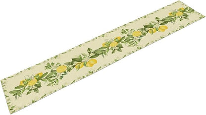 Summer Lemon Table Runner, Spring Blooming Lemon Tree Branches Bouquets Yellow Green Leaves Table Runner for Farmhouse Home Dining Kitchen Table Party Decor, 13x60inch