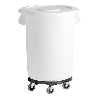 PRO&Family Commercial Round Trash Can with Lid and Dolly Rolling Waste Container, Ingredient Bin, Heavy-Duty Plastic, Anti-Static, Kitchen, Office, Outdoor Use (White, 44 Gallon)