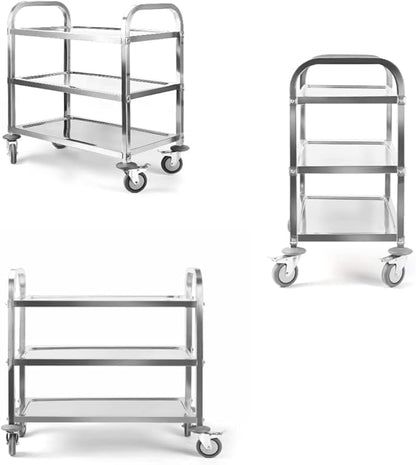 Nisorpa 3 Tier Stainless Steel Utility Cart L37.4 x W19.68 x H37.4 Inch Kitchen Rolling Carts with Wheels Serving Trolley Catering Storage Shelf with 2 Lockable Wheels for Hotel Restaurant Home Use