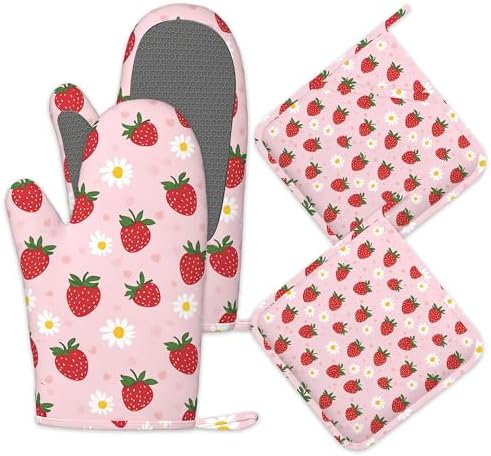 Strawberry Groovy Floral Oven Mitts and Pot Holders Set of 4, Kitchen Glove by Unknown