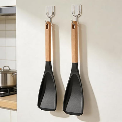 2-Pack Cedar and Ash Spoonula, Multifunction Spatula Cooking Spoon,Non stick Flat Serving Spoons, Heat Resistant Kitchen Cucharras for Mixing, Stiring, Scooping, Scraping, Basting (Black)