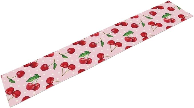 Red Cherry Table Runner, Tropical Fruit Polka Dot Print Table Runner for Birthday Party Dining Room Home Kitchen 13x70in