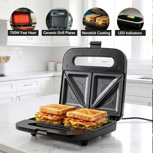 OVENTE Electric Sandwich Maker, 750W Non-Stick Plates - Image 2