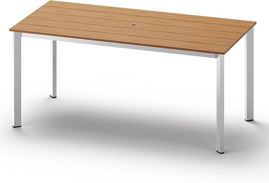 Outdoor Patio Dining Table, Aluminum & HDPS Outdoor Table with Umbrella Hole, All-Weather for Deck, Garden, Lawn, Backyard, Poolside and Indoor Use (White & Teak)